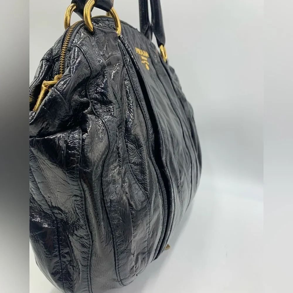 Auth Prada Black Patent Leather Whipstitch Tonal Stripe Satchel Lightweight